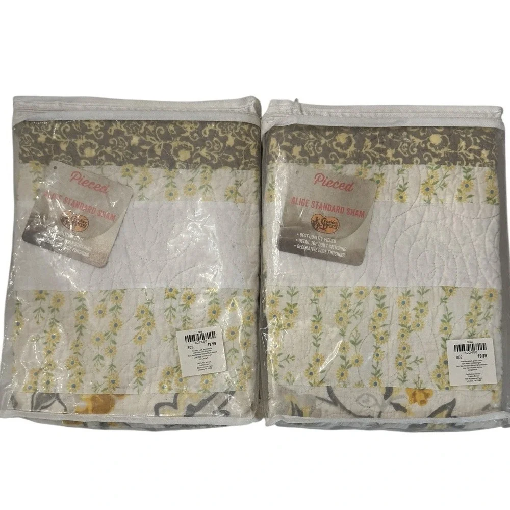 Cracker Barrel NIP Set Of 2 Alice Quilted Pillow Shams Gray Yellow Patchwork